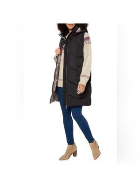 Nuage Women's Chevron Long Quilted Puffer Vest w/Removable Hood in Black / small
